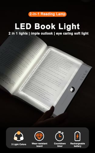 Flat Book Light for Reading in Bed - Full Page LED Booklight, Rechargeable with 3 Color Modes & 1-99 Min Timer, 35H Battery, USB-C, Dimmable Eye-Care Reading Light, Gift for Book Lovers