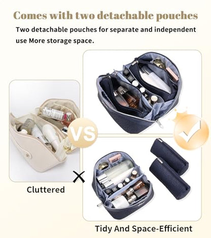 BOYATU Travel Makeup Bags Cosmetic Organizer Bag: 3 Pcs Set Large Capacity Make up Bag with Compartments - Waterproof Leather Toiletry Bags with Handle for Women (A-Dard Blue) - color: A-Dard Blue