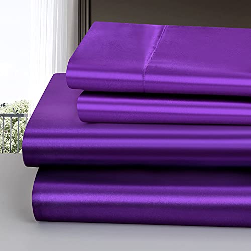Homiest 3pcs Satin Sheets Set Luxury Silky Satin Bedding Set with Deep Pocket, 1 Fitted Sheet + 1 Flat Sheet + 1 Pillowcase (Twin Size, Purple) - color: Purple, size: Deep pocket - Twin size