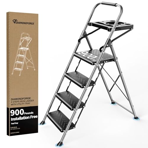 4 Step Ladder, Folding Step Stool with Tool Platform, Wide Anti-Slip Pedal and Anti-Slip Feet, Heavy-Duty Steel Construction, 900lbs Capacity Portable Safety Ladder, No Assembly Required, Grey - color: Gray, size: 4 Step with Tool Platform