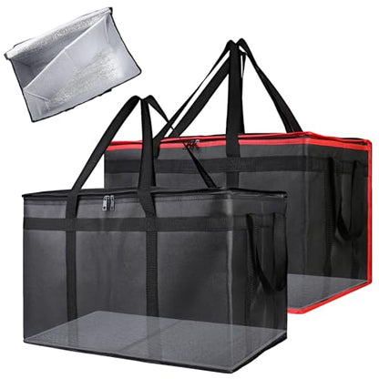 Bodaon Insulated Food Delivery Bag with Removable Hard Bottom, XXX-Large Catering Supplies Bags for Pizza Delivery Drivers, Cooler Bag, Hot Food Warmer Container, Insulated Grocery Bags (2-Pack) - color: Black + Black-Red, size: XXX-Large (With Hard Botto