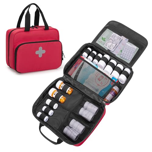 CURMIO Pill Bottle Organizer Portable Medicine Bag, Lockable Prescription Bottle Storage for Pill Bottles, Vitamins, Medical Supplements for Home Storage and Travel, Red (Empty Medicine Bag) - color: Red