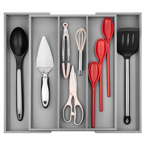 Purawood Kitchen Drawer Organizer - Expandable Utensil Drawer Organizer for Kitchen, Cutlery Tray & Silverware Organizer, 3-5 Slots - Bamboo Organizer for Utensils & Flatware (Grey) - color: Grey, size: 5 Slot