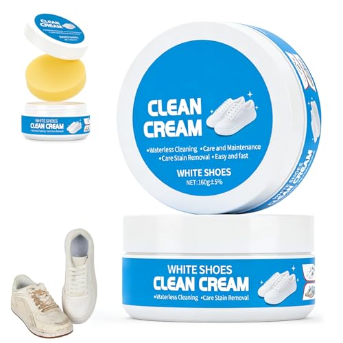 warmow 2PCS White Shoe Cleaner Cream, Multipurpose No-Wash Solid Cleaning Paste with Sponge Removes Stains, Multipurpose White Shoes Clean Cream for Leather Sneakers Soles