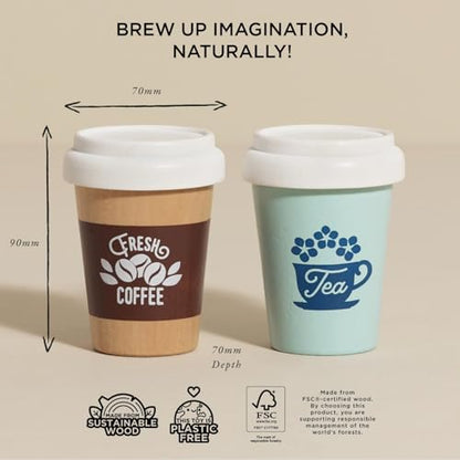 Le Toy Van - Take Away Coffee Cup and Tea Cup - Travel Mug Set - Kids Kitchen Accessories - Role Play Wooden Play Food - Toy Kitchen Accessories - Wooden Kitchen Toys - Age 2+ Years