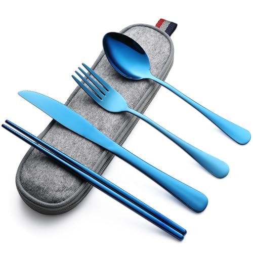 DEVICO Camping Utensils, Full-Size Reusable Silverware for Lunch Adult, Stainless Steel Travel Cutlery Set with Case, Portable Fork Spoon Knife Set for Work, Flatware with Chopsticks (Blue) - color: Blue
