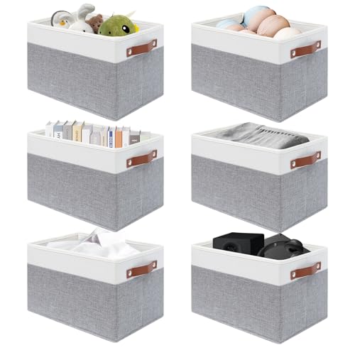 SNWDN 6 Pack Large Fabric Storage Baskets for Organizing Collapsible Fabric Storage Bins with Handles for Home organization and storage (White/Grey 15''Lx13''Wx13''H) - color: White/Grey, size: Rectangle (6 Pack 15''Lx13''Wx13''H)
