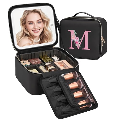 Relavel Initial Makeup Bag with LED Mirror for Women Girls, Personalized Travel Cosmetic Organizer Train Case, Birthday Gifts for Grandkids Bridesmaid Graduation Teacher Friends, Trendy Stuff, Black M - color: Black, style: M
