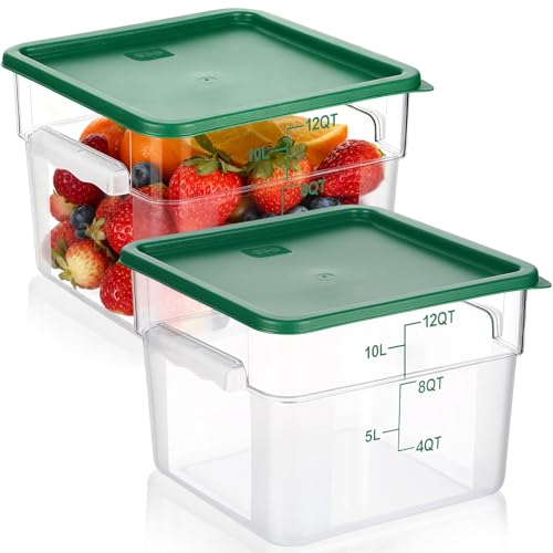 FoldTier 2 Pieces Square Food Storage Containers Polycarbonate Clear food Container with Lid Commercial Storage with Graduations for Commercial Kitchen Dough Marinating Meat(Green,12 Qt) - color: Green, size: 12 Qt