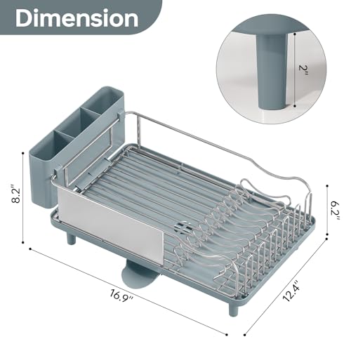 Stainless Steel Dish Drying Rack - Large Capcity 304 Grade Dish Drainer for Kitchen Counter with Drain Board, Utensil Holder & Detachable Cup Shelf, Rustproof Multifunctional Organizer, Pale Blue - color: Pale Blue