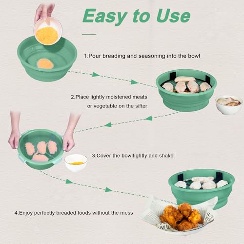 FJNATINH Collapsible Batter Bowl - Mess Free Better Breader Shaker Bowl with Lid Breading Shaker Container - Great for Fried Fish, Fried Chicken, Onion Rings, Wings,No Leak,Easy to Store,Mint Green - color: Mint Green