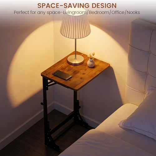 Folding Side Table, Adjustable C-Shaped End Table for Couch, Metal Frame TV Tray Table for Sofa Living Bedroom Bedside Coffee Small Spaces (Brown, 15.8" L x 11.8" W) - size: 15.8"L x 11.8"W