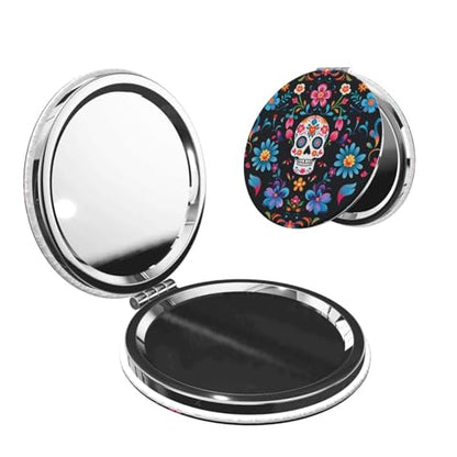 Mexican Sugar Skulls Flowers Print Foldable Travel Pocket Mirror Round PU Leather Portable Mini Makeup Double Sided Handheld Magnifying,2.6 in - color: Mexican Sugar Skulls Flowers