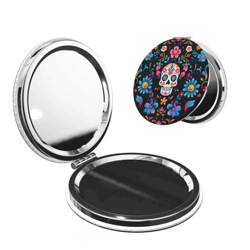 Mexican Sugar Skulls Flowers Print Foldable Travel Pocket Mirror Round PU Leather Portable Mini Makeup Double Sided Handheld Magnifying,2.6 in - color: Mexican Sugar Skulls Flowers