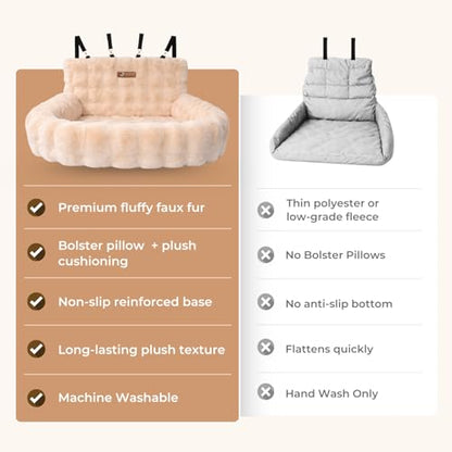 Pelsbarn Luxurious Cozy Car Bed - M/L Luxury Travel Dog Bed with Safety Belt - Ultra Soft Faux Fur - Beige - color: Beige, size: Medium-Large