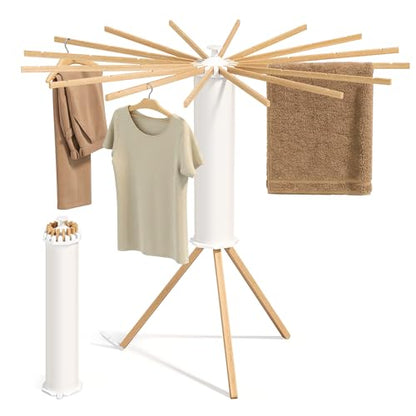 SONGMICS Clothes Drying Rack Foldable, Rotary Tripod Laundry Drying Rack, Rotatable Portable Floor Standing Clothes Airer, Laundry Room Balcony, 16 Pull-Out Wood Arms, Natural Color ULLR530YW01 - style: Wood Arms