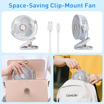 Portable Clip on Fan 5 Speeds 360° Dual Rotation Brushless Motor Ultra Quiet <20dB LED Light USB Rechargeable