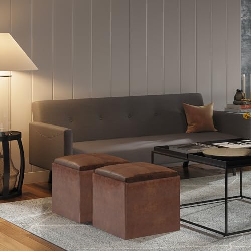SIMPLIHOME Rockwood Cube Storage Ottoman with Tray - 17" Wide x 17" High Upholstered Vegan Leather Square Storage Ottoman in Distressed Saddle Brown, Contemporary Cube Ottoman with Serving Tray - color: Distressed Saddle Brown