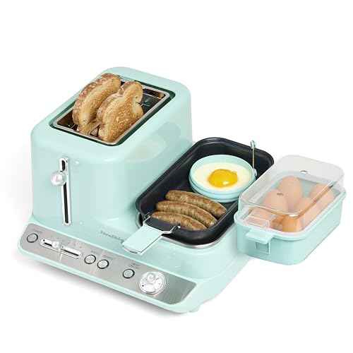 Nostalgia Classic Retro 3-in-1 Breakfast Station, 2-Wide Slot Toaster With Adjustable Toasting Control, Non-Stick Griddle, 6 Capacity Egg Cooker With Lid - color: Aqua, style: Classic