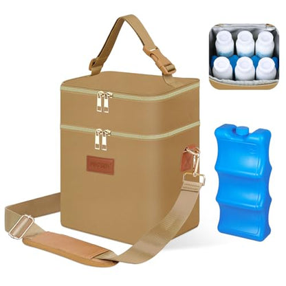 PIIOSER Breastmilk Cooler Travel Bag with Ice Pack, Insulated Bottle Bags Fits 6 Baby Bottles Up to 9 Ounce, Double Layer Waterproof Leak-Proof with Shoulder Strap for Nursing & Working Mom (Brown) - color: Brown