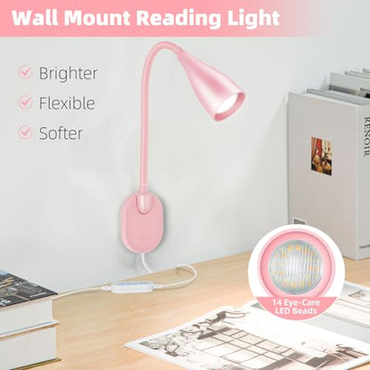 LED Wall Mounted Bedside Reading Light, 3 Color Modes,10 Brightness Dimmable, USB Charging Port, Adhesive Wall Lamp Night Light for Books in Bed, Flexible Neck Eye-Caring Bedroom Lighting Pink - color: Pink