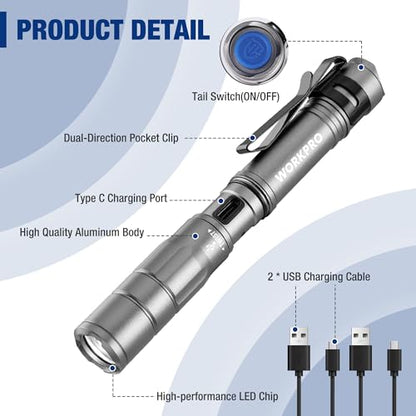 WORKPRO Rechargeable Pen Light, Mini Flashlight, 2 Pack Ultra-Compact EDC Flashlight, Pocket Flashlight with Clip, Memory Function and 2 x USB C Cable Included, Gray - color: Gray