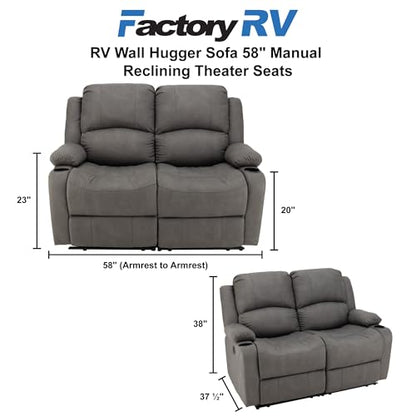 Camper Comfort 58" Wall Hugger Reclining RV Theater Seats | Double Recliner RV Sofa | RV Couch | Wall Hugger Recliner | RV Theater Seating | RV Furniture (Manual, Slate) - color: Slate, style: Manual