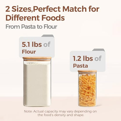 ComSaf Glass Pantry Storage Containers, 4.6Qt/1.6Qt Large Square Flour and Sugar Containers with Airtight Lids, 1.2 Gallon Glass Jars with Bamboo Lids for Rice, Pasta, Cookies, Coffee Beans - color: 4.6Qt/1.6Qt-Square