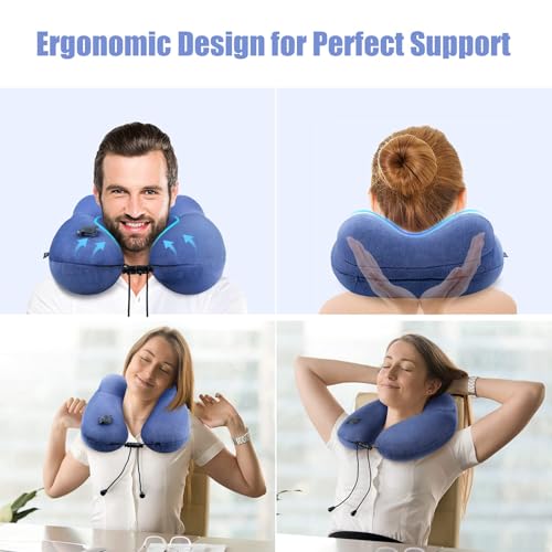 Inflatable Travel Neck Pillow for Airplanes, Super Soft Velvet Neck Support, Adjustable Firmness, Blow Up Plane Pillow for Long Flights, Road Trips, Travel Essentials with Eye Mask, Earplug - color: Premium Blue