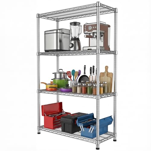 Heavy Duty Storage Rack Garage Shelving 4 Tier Metal Wire Shelving Unit Adjustable Wire Rack Storage Shelves 2200LBS Organizer Standing Metal Shelf for Warehouse Laundry Basement 14"Dx36"Wx59.05"H - size: 4-Tier-Silver[13.98"D x 36"W x 59.05"H]