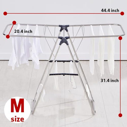 TRES BELLE M-Size Stainless Steel Gullwing Clothes Drying Rack, Foldable Compact Metal Laundry Dryer with Secure-Rod 2 Bottom Bars for Baby Clothes, Delicates, Underwear, Towel - size: Medium