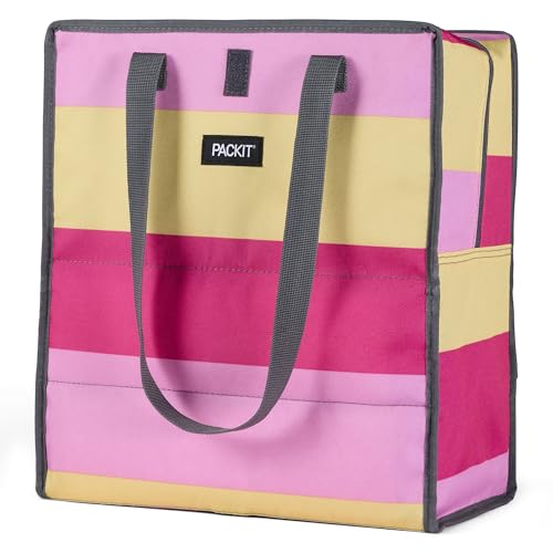 PackIt Freezable Grocery Tote, Pink Stripe, Built with EcoFreeze Technology, Foldable, Collapsible, Reusable, Zip Closure, Dual handles, Great for Transporting Fresh Groceries - color: Pink Stripe