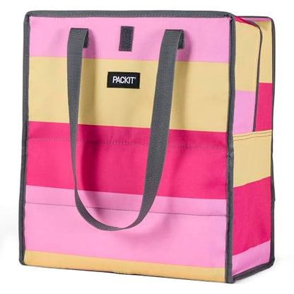 PackIt Freezable Grocery Tote, Pink Stripe, Built with EcoFreeze Technology, Foldable, Collapsible, Reusable, Zip Closure, Dual handles, Great for Transporting Fresh Groceries - color: Pink Stripe