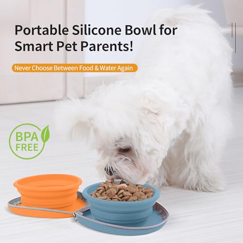 Collapsible Dog Bowls, 2-in-1 Travel Double Bowl Water Food Feeder Portable Pet Traveling Camping & Walking 25oz (Blue Orange) - color: Blue orange