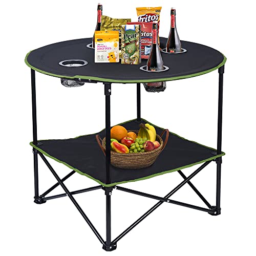LEADALLWAY Camping Tables that Fold Up Lightweight Outdoor Table | Portable, with 4 Cup Holders and Carrying Bags for Outdoor Picnic,Barbecue,Travel,Fishing(Black+Army Green) - color: Green