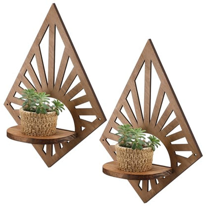 Menkxi 2 Pcs Boho Floating Shelves Wood Bohemian Decorative Display for Plants and Candles Boho Wall Art for Bedroom Living Room Bathroom Mini Mounted Plant Decor 14.17 x 10.63 Inch(Diamond)