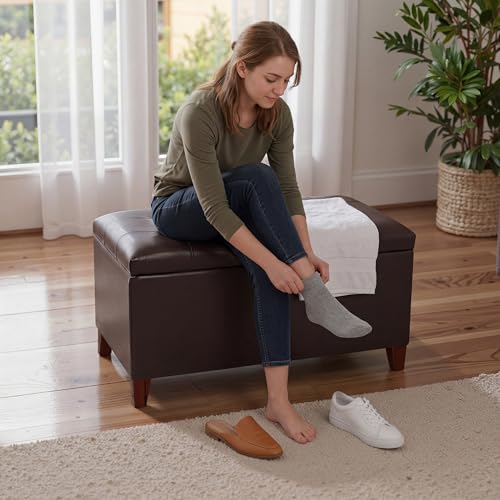 Joveco Storage Ottoman Bench, 33 Inches Faux Leather Rectangle Tufted Foot Stool for End Foot of Bed, Bedroom, Living Room, Brown - color: Brown Faux Leather