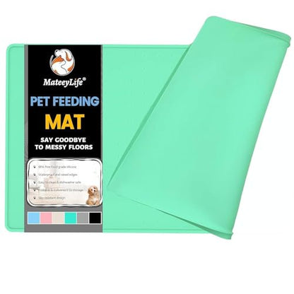 MateeyLife Dog & Cat Food Mat - Waterproof, Nonslip, Raised Edges, Silicone Tray for Messy Drinkers, 24"x16", Mint Green - color: Green, size: 24''×16''