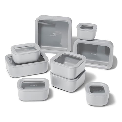 Caraway 22pc Glass Food Storage Set - Storage Containers for Food - Non-Toxic Ceramic-Coated Glass - Air Release Technology - Compact & Stackable Design - Gray - color: Gray, size: Food Storage Set (22x)