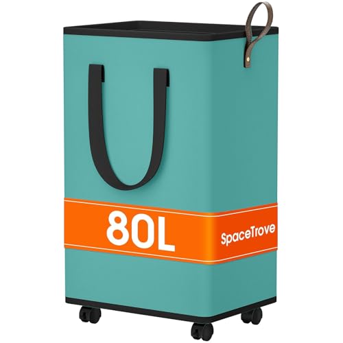 SpaceTrove Laundry Basket with Wheels, Collapsible Laundry Baskets, Laundry Hamper with Handles Detachable Wheels, Rolling Laundry Basket, Dirty Clothes Hamper for Bathroom, Dorm, Bedroom, Green, 80L - color: Green, size: 80L