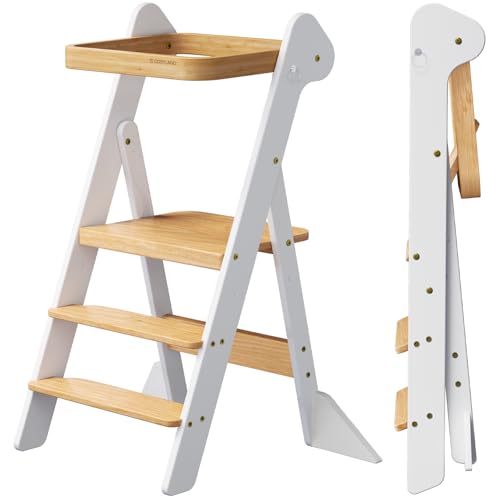 COSYLAND Foldi Foldable Toddler Kitchen Stool - Adjustable Height Toddler Standing Tower with Net & Safety Feet, IF Award-Winning Wooden Learning Step Tower for Kids 18M-6Y, White & Natural - color: White & Natural