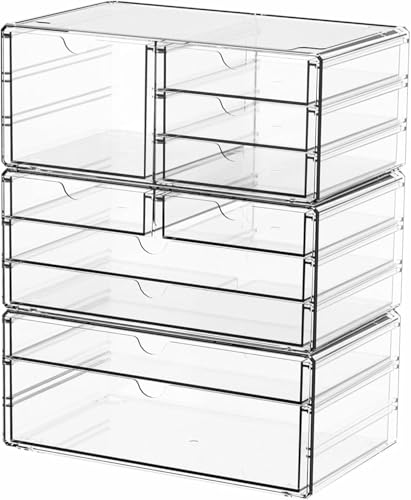 Yieach 3Pack Clear Drawer Organizers Stackable,Acrylic Storage Drawers With 10 Drawers,Multipurpose Office Supply Organizer and Makeup Organizer for Beauty,Craft,Pen,Medical,Stationary Desk Organizers - size: Large-10 Drawers-3Pack