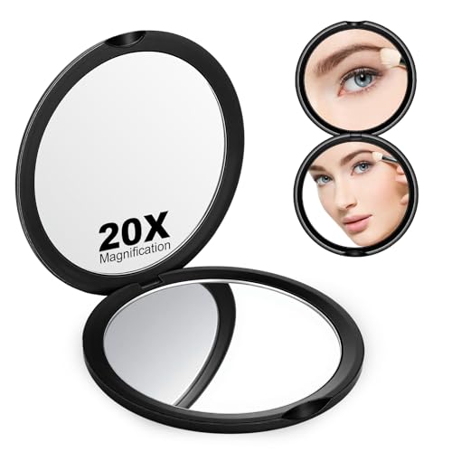 Lusofie 1X / 20X Small Magnifying Mirror Black Portable Travel Magnifying Mirror Round Small Pocket Mirrors for Men Women 3 Inch