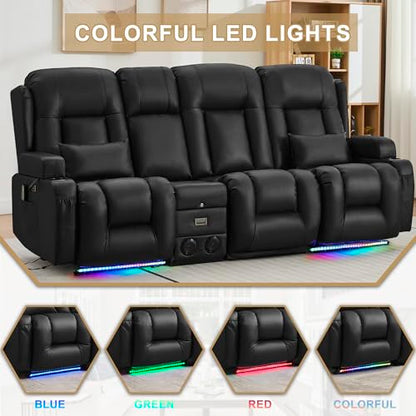 URRED Power Loveseat Recliner Sofa with Massage and Heat, Wall Hugger Reclining Loveseat with Console, RV Couch Home Theater Seating with LED Lights for Living Room (Black, 89.8" - 3 Seats) - color: Black, size: 89.8" - 3 Seats