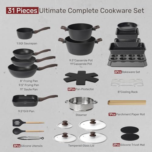 Kikcoin Pots and Pans Set Non Stick 31 Piece Kitchen Nonstick Cooking Cookware Sets with Grill Pan Saucepan Baking Sheet Utensil, Black - color: Black