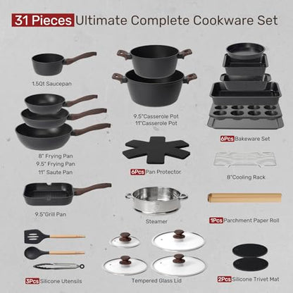 Kikcoin Pots and Pans Set Non Stick 31 Piece Kitchen Nonstick Cooking Cookware Sets with Grill Pan Saucepan Baking Sheet Utensil, Black - color: Black
