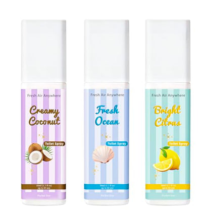Toilet Spray, Citrus, Ocean & Coconut, 3 Pack 1.7 fl oz each, Bathroom Odor Eliminator, Travel Size, Essential Oil Freshener, Up to 255 Sprays