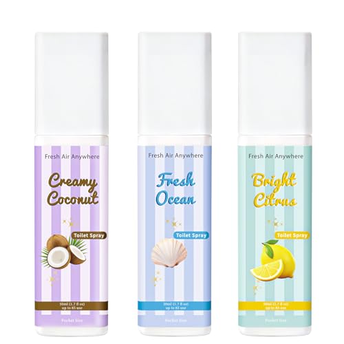 Toilet Spray, Citrus, Ocean & Coconut, 3 Pack 1.7 fl oz each, Bathroom Odor Eliminator, Travel Size, Essential Oil Freshener, Up to 255 Sprays