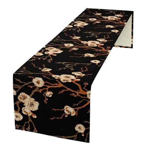 Cherry Blossoms Table Runner Japanese Flower Spring Black Background Decor for Indoor Outdoor Party Dinner Festival Farmhouse Holiday Dining Room Home Kitchen Restaurant, 13x36in - color: Cherry-black, size: 13x36in