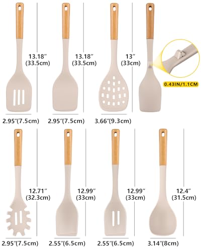 Silicone Kitchen Utensil Set for Non Stick Cookware, 7 Pcs Heat Resistant Cooking Utensils with Wooden Handle, BPA Free Kitchen Tools with Spatulas, Spoons, Skimmer and Pasta Fork (KHAKI) - color: Khaki